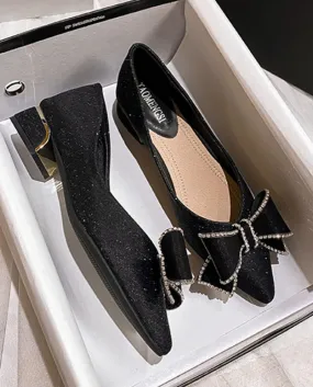 Large Size High Heels 34 43 with Rhinestone Bow Single Shoe Slip On Pumps Low Heel Luxury Sequins