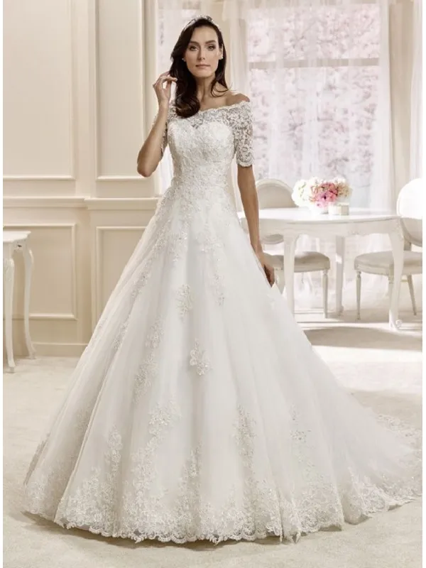 A-Line Wedding Dress with Lace Sleeves and Boat Neckline