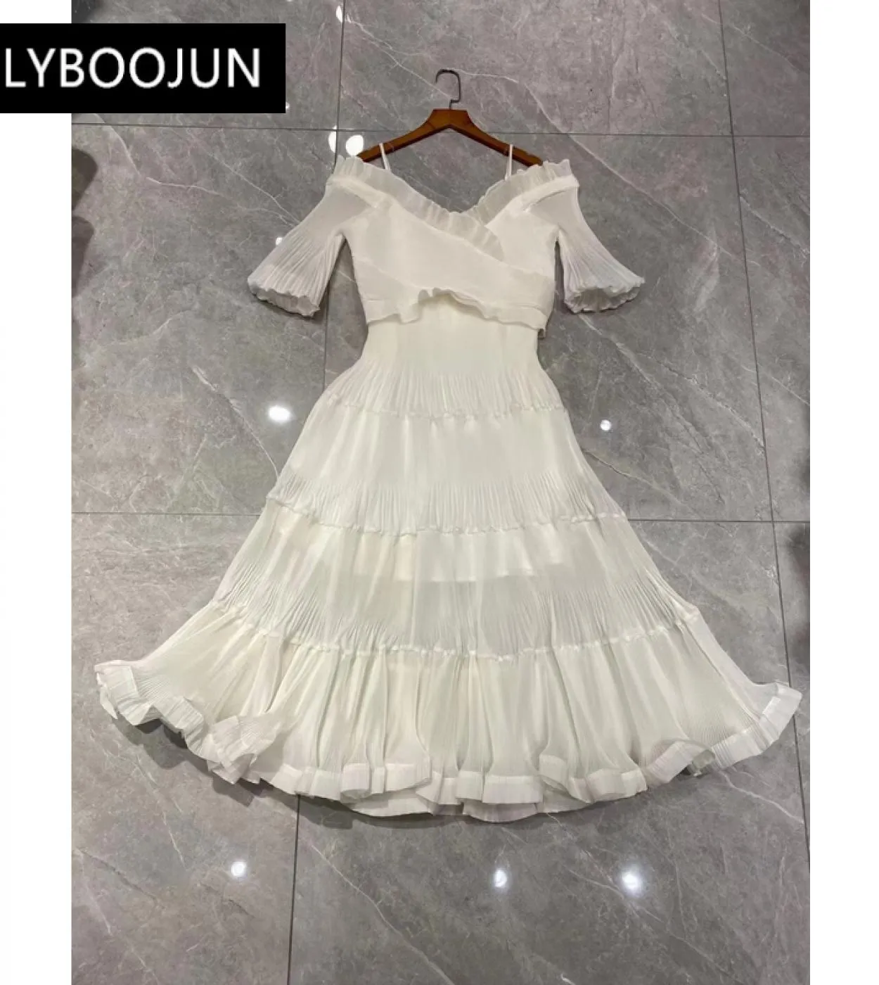2023 Luxury Designer Women's Runway Party Dress High Quality V Neck Ruffles Flare Sleeve Elastic Waist Glitter Long