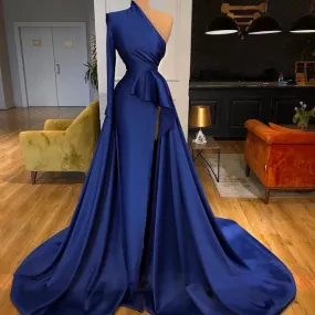 Mermaid Evening Gown with One-Shoulder Ruffle in Satin with High Slit and Simple Train Formal Ballroom Dance Attire for Women