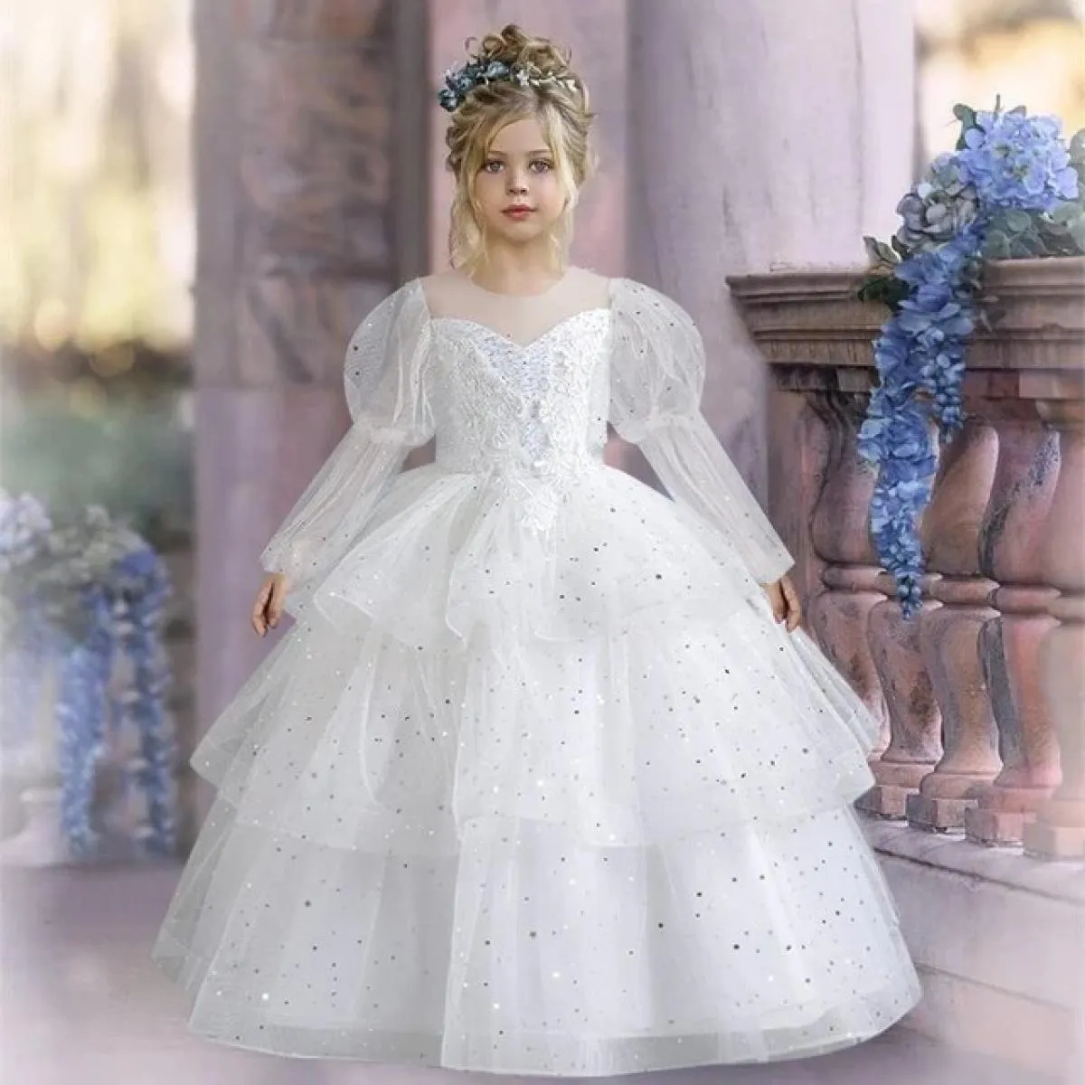 Abito Ragazza 4-12 Anni Pianoforte Festa Abito Bambino Fiori Sposa Maniche Lunghe