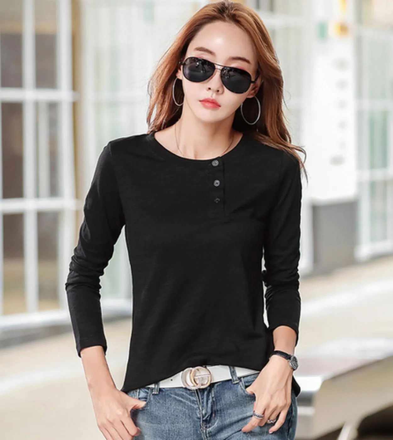 Casual Long Sleeve Shirt for Women Cotton V-Neck Spring Loose Button Slim Fit T-Shirt