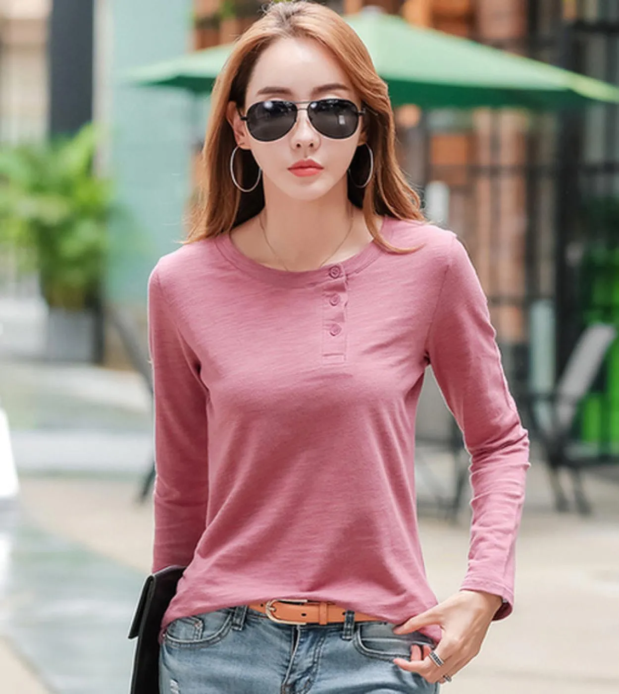 Casual Long Sleeve Shirt for Women Cotton V-Neck Spring Loose Button Slim Fit T-Shirt