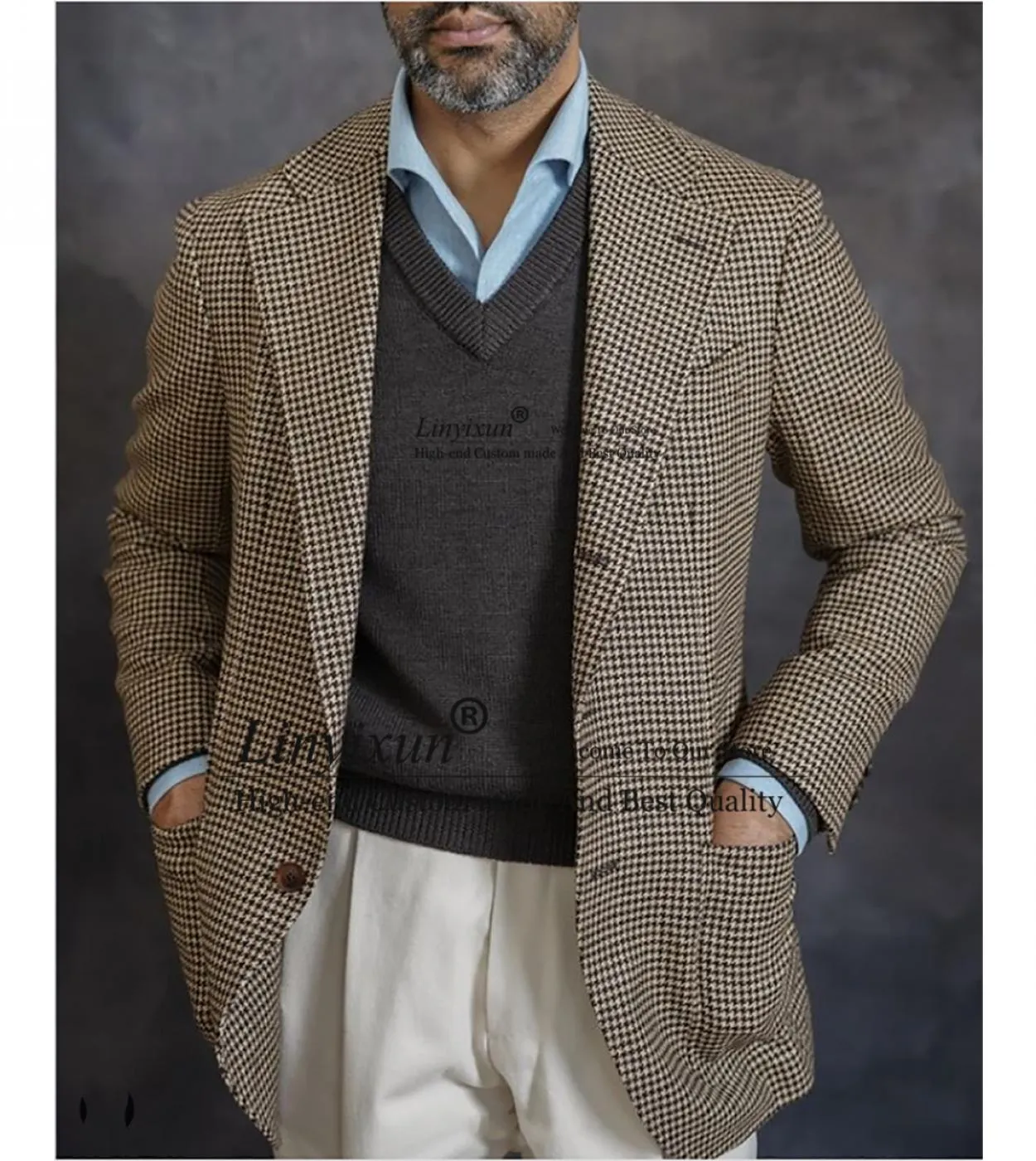 Classic Slim Fit Business Formal Plaid Men's Blazer Wedding 2-Piece Set Jacket Pants
