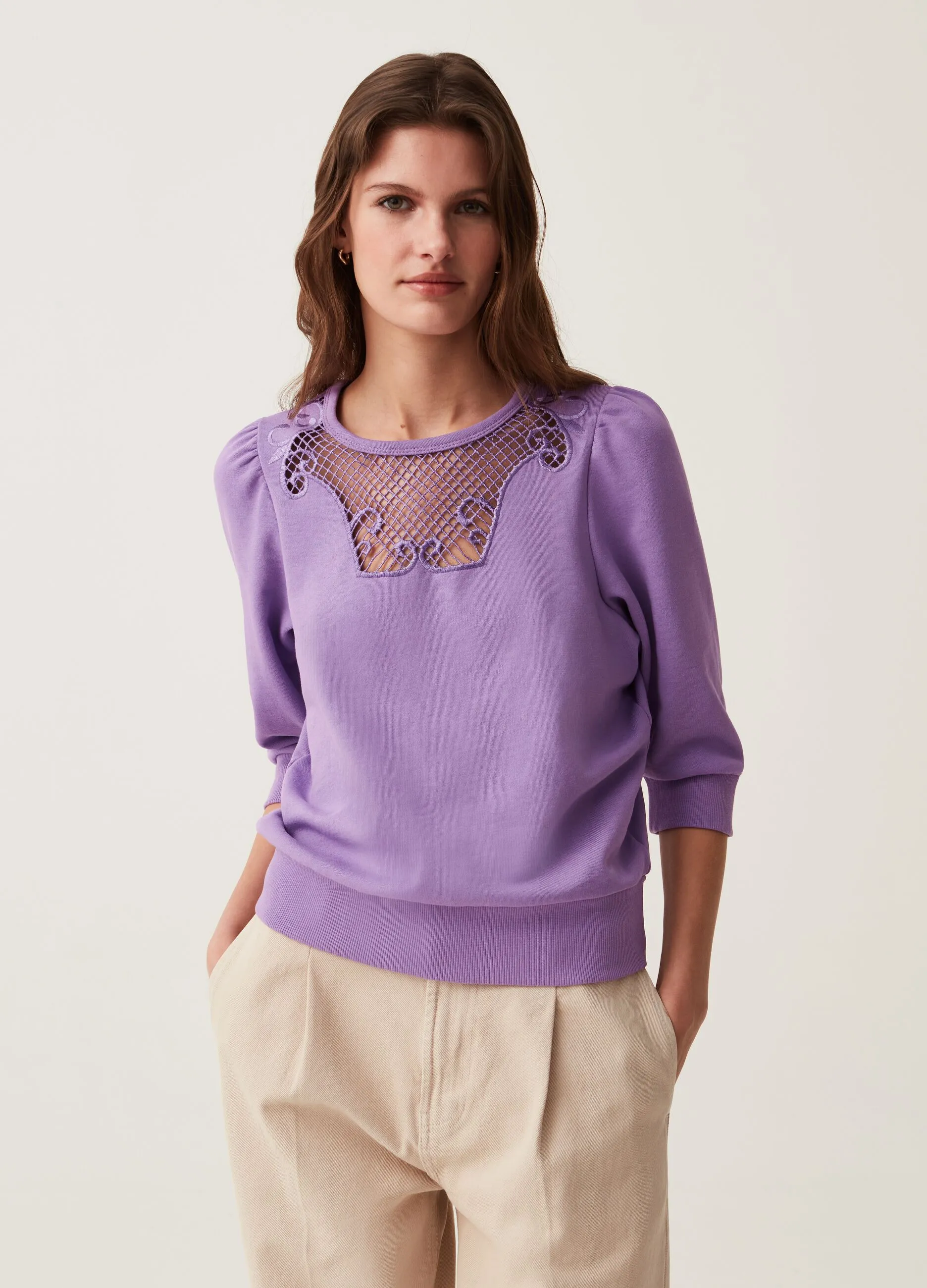 Crewneck Sweatshirt with Crochet Insert
