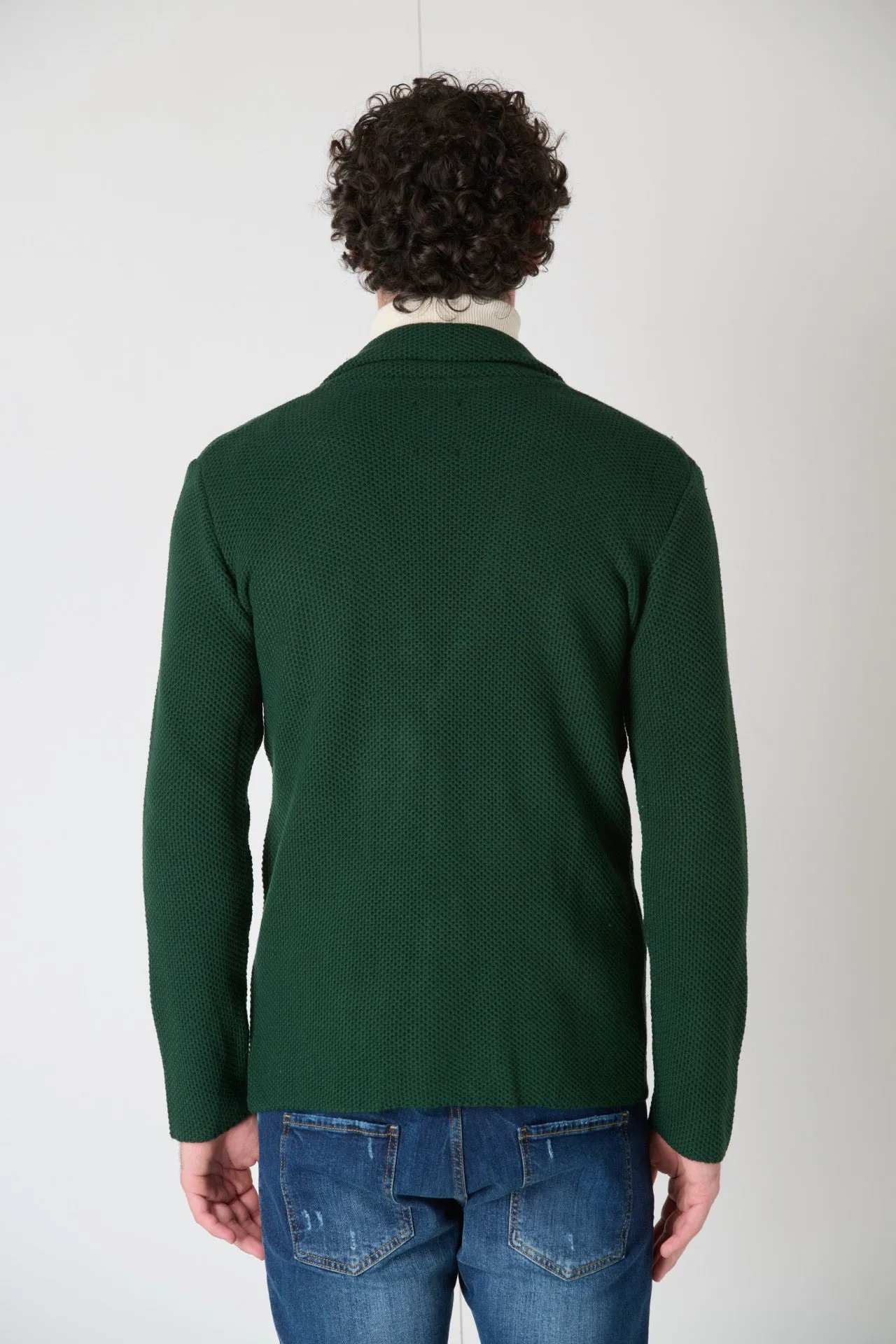 Green Men's Single-Breasted Knit Jacket with Fabric Pochette V2