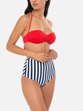 High Vintage Bikini Swim Briefs with Blue Stripe Print