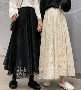 High Waisted Lace Midi Skirt Spring Summer 2022 Elegant Casual A-line Black Apricot Long Maxi Skirt.