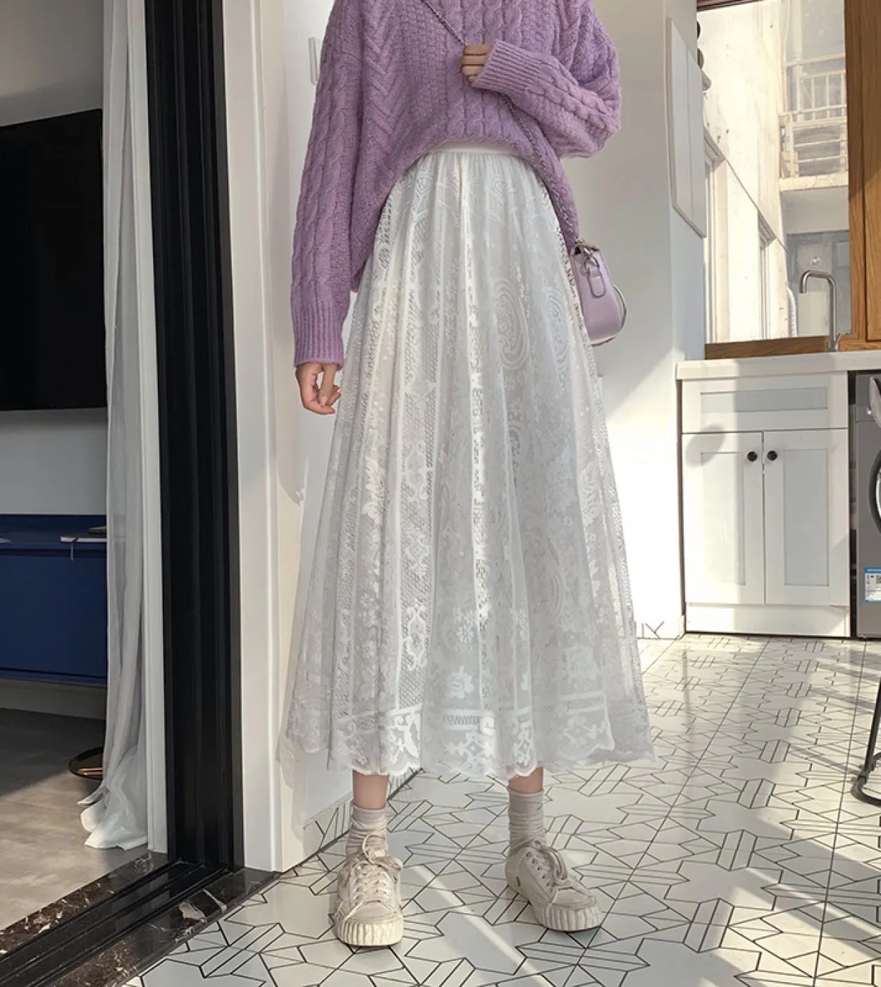 High Waisted Lace Midi Skirt Spring Summer 2022 Elegant Casual A-line Black Apricot Long Maxi Skirt.