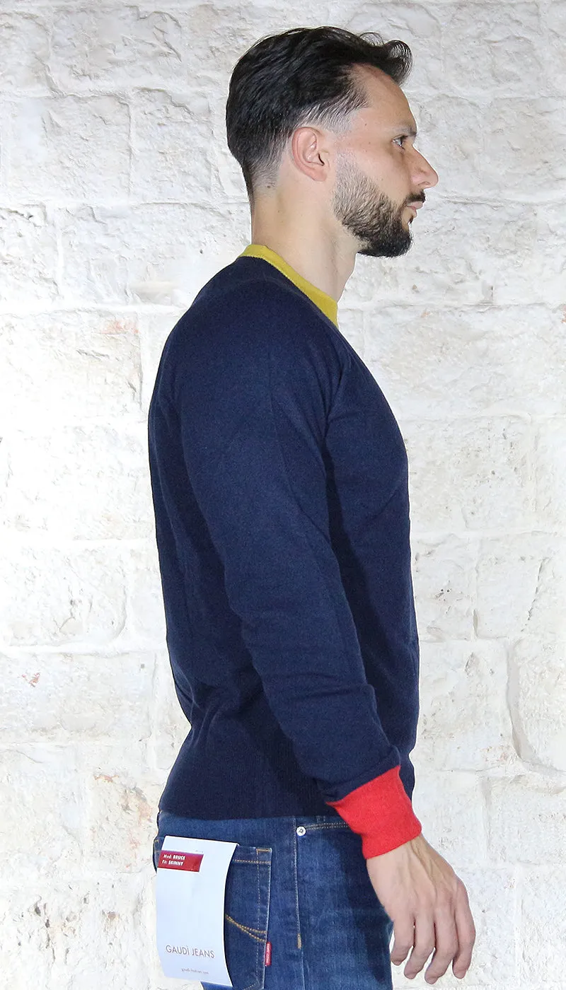 Manuel Ritz Blue Wool Sweater with Contrast Edges
