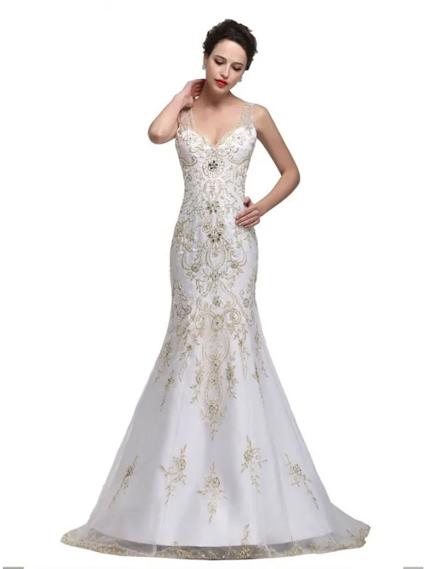 Mermaid Wedding Dress with Gold Appliques and V-Neckline with Sheer Details and Back Buttons