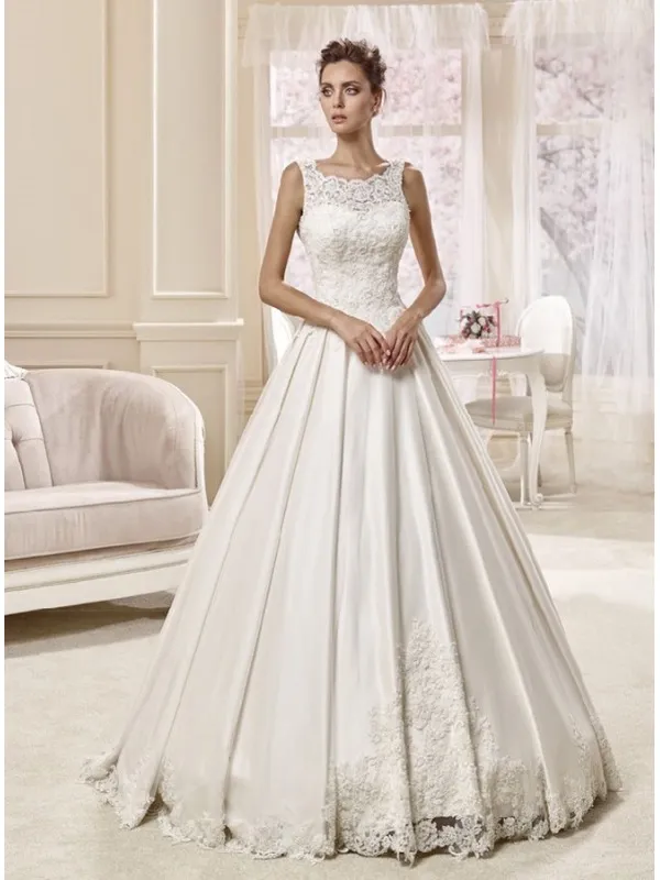 Satin Wedding Dress with Lace Accents and Lace Neckline with Straps