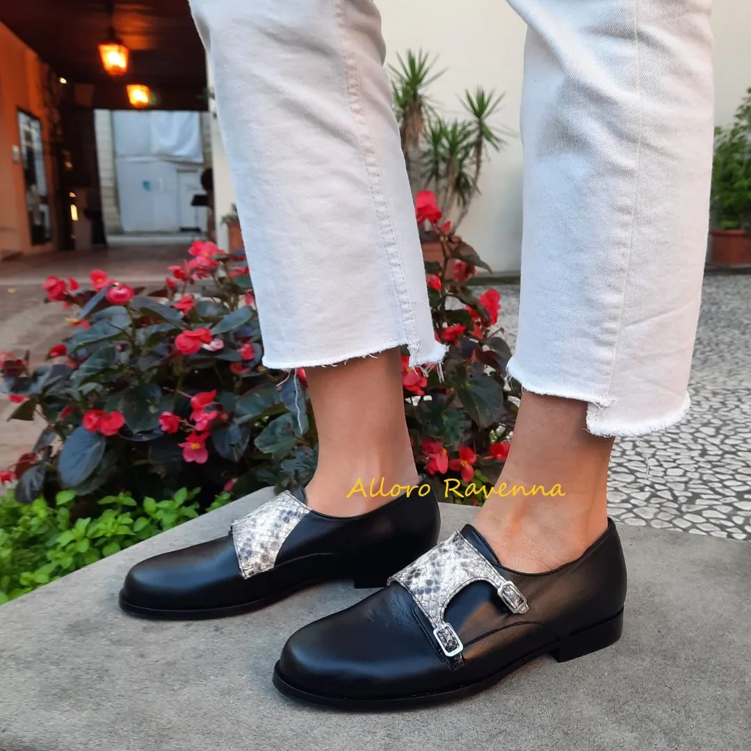 Scarpe basse donna nere in pelle con pattina effetto pitone