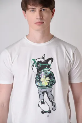 T-Shirt Bianca con stampa Bulldog e inserto in tessuto V2 ricamato